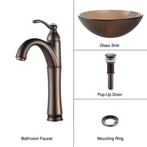 Frosted Brown Glass Vessel Sink and Riviera Faucet Oil Rubbed Bronze
