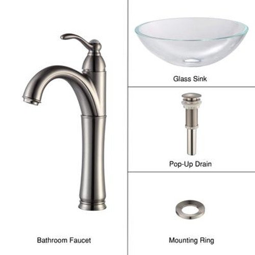 Crystal Clear Glass Vessel Sink and Riviera Faucet Satin Nickel