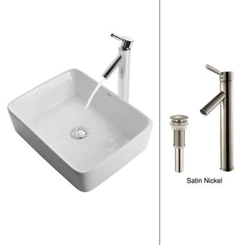 White Square Ceramic Sink and Sheven Faucet Satin Nickel