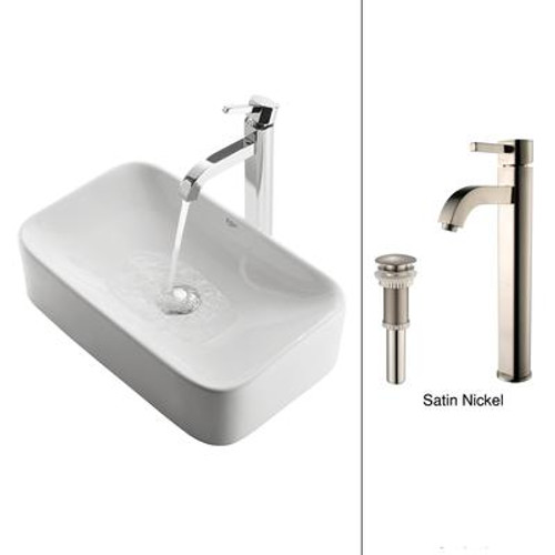 White Rectangular Ceramic Sink and Ramus Faucet Satin Nickel