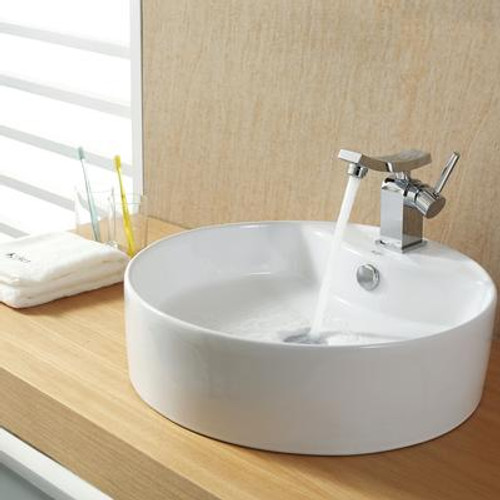 White Round Ceramic Sink and Unicus Basin Faucet Chrome