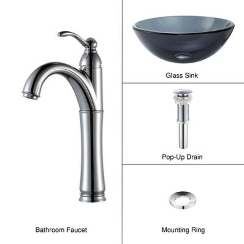 Clear Black 14 inch Glass Vessel Sink and Riviera Faucet Chrome