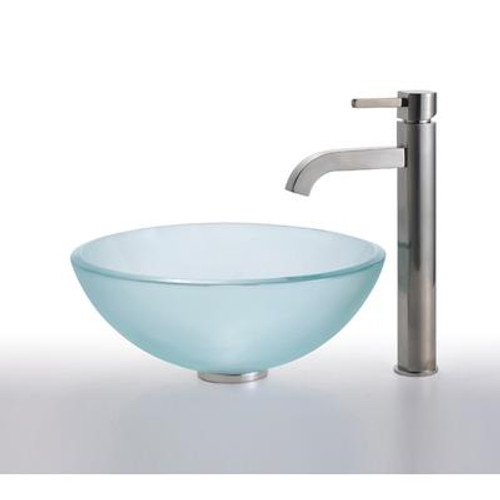 Frosted 14 inch Glass Vessel Sink and Ramus Faucet Satin Nickel