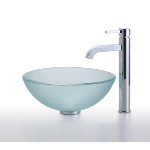 Frosted 14 inch Glass Vessel Sink and Ramus Faucet Chrome