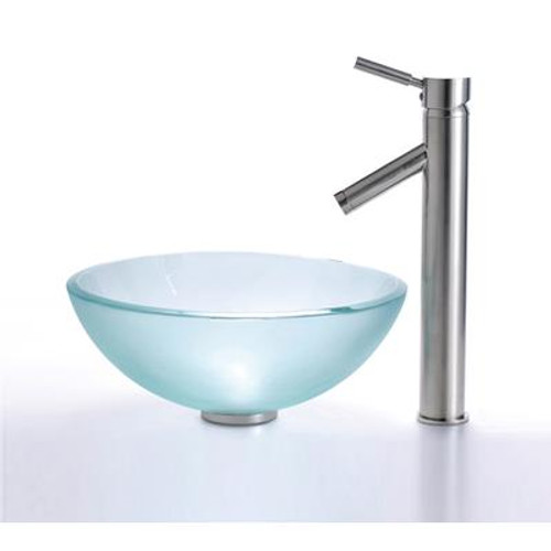 Frosted 14 inch Glass Vessel Sink and Sheven Faucet Satin Nickel
