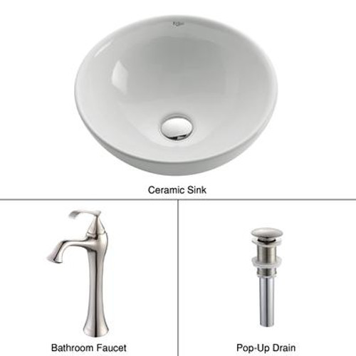 White Round Ceramic Sink and Ventus Faucet Brushed Nickel