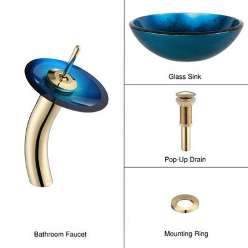 Irruption Blue Glass Vessel Sink and Waterfall Faucet Gold