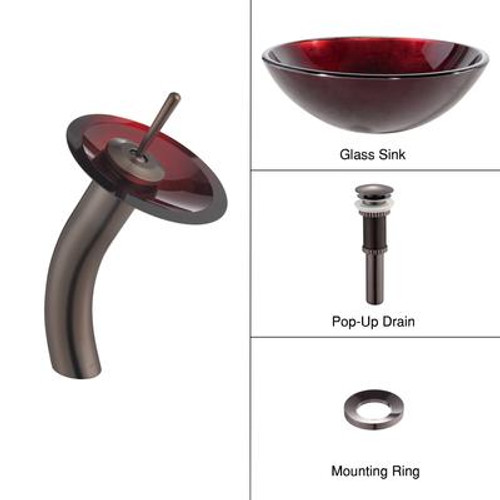 Irruption Red Glass Vessel Sink and Waterfall Faucet Oil Rubbed Bronze