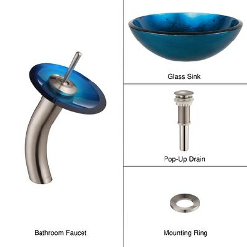 Irruption Blue Glass Vessel Sink and Waterfall Faucet Satin Nickel
