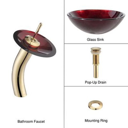 Irruption Red Glass Vessel Sink and Waterfall Faucet Gold