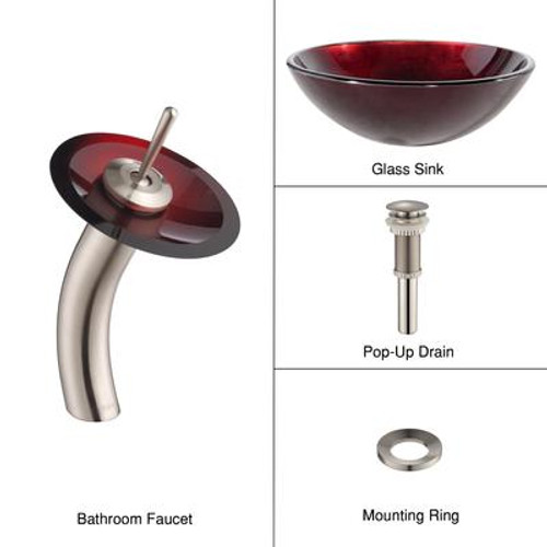 Irruption Red Glass Vessel Sink and Waterfall Faucet Satin Nickel