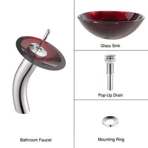 Irruption Red Glass Vessel Sink and Waterfall Faucet Chrome
