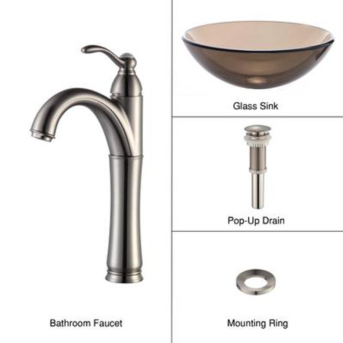 Clear Brown Glass Vessel Sink and Riviera Faucet Satin Nickel