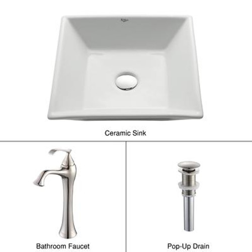 White Square Ceramic Sink and Ventus Faucet Brushed Nickel