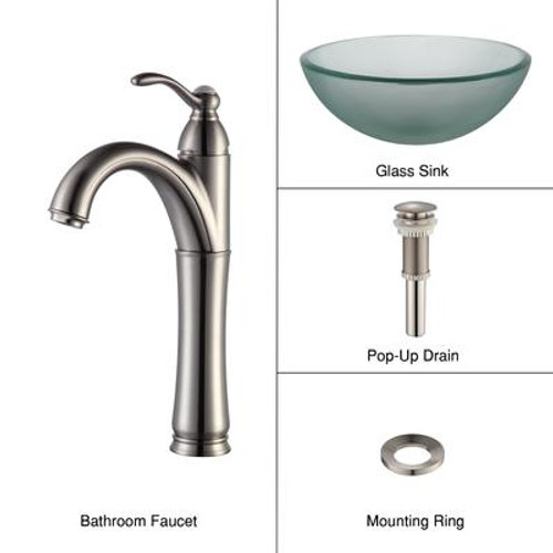 Frosted 14 inch Glass Vessel Sink and Riviera Faucet Satin Nickel