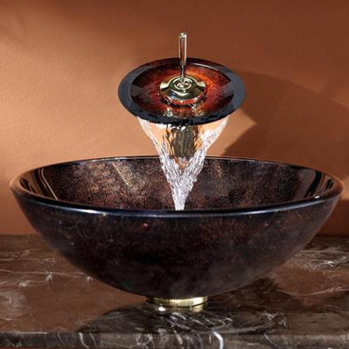 Jupiter Glass Vessel Sink and Waterfall Faucet Gold