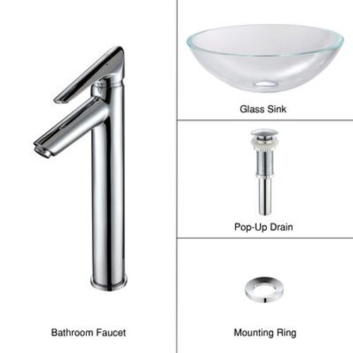 Crystal Clear Glass Vessel Sink and Decus Faucet Chrome