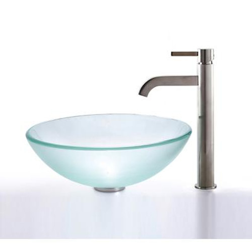 Frosted Glass Vessel Sink and Ramus Faucet Satin Nickel