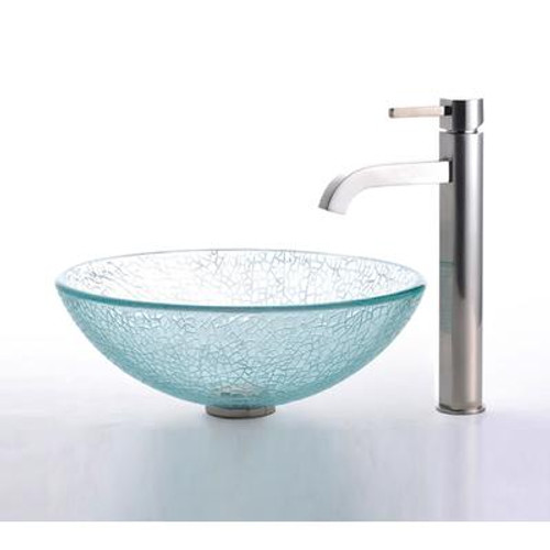 Mosaic Glass Vessel Sink and Ramus Faucet Satin Nickel