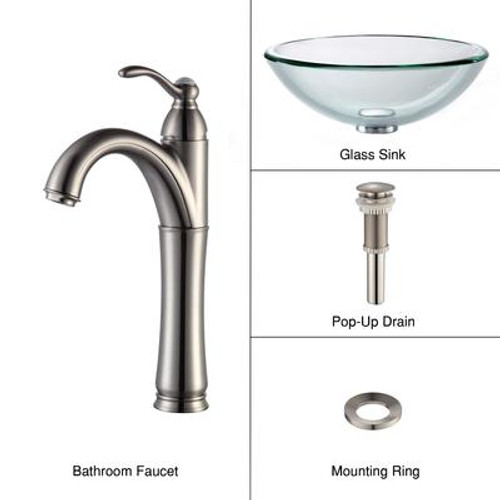 Clear 19mm thick Glass Vessel Sink and Riviera Faucet Satin Nickel
