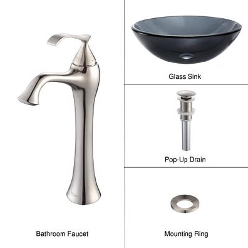 Clear Black Glass Vessel Sink and Ventus Faucet Brushed Nickel