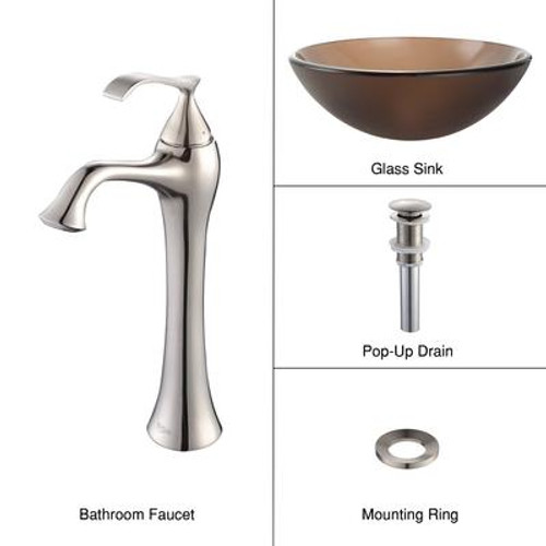 Frosted Brown Glass Vessel Sink and Ventus Faucet Brushed Nickel