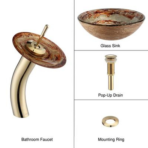 Ares Glass Vessel Sink and Waterfall Faucet Gold