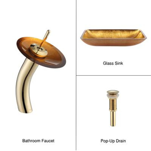 Golden Pearl Rectangular Glass Vessel Sink and Waterfall Faucet Gold