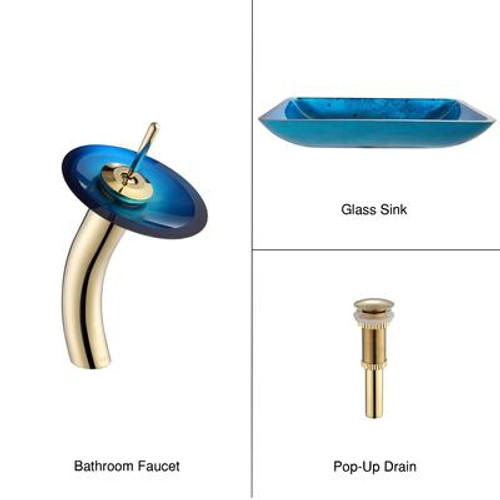 Irruption Blue Rectangular Glass Vessel Sink and Waterfall Faucet Gold