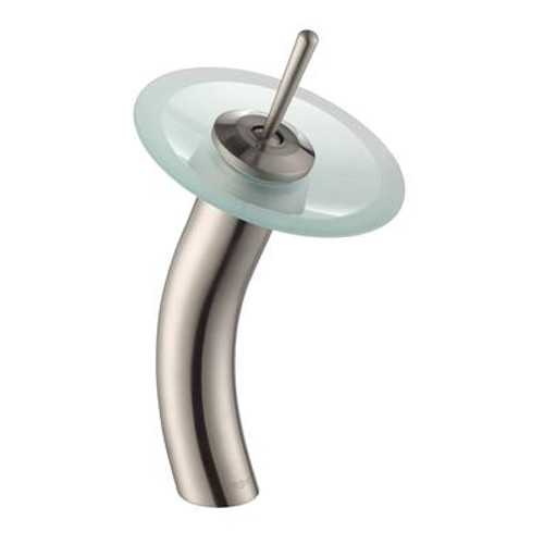 Single Lever Vessel Glass Waterfall Faucet Satin Nickel with Frosted Glass Disk