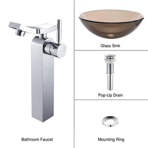 Clear Brown Glass Vessel Sink and Unicus Faucet Chrome