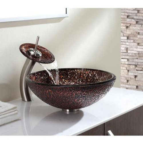 Venus Glass Vessel Sink and Waterfall Faucet Satin Nickel