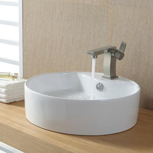 White Round Ceramic Sink and Sonus Basin Faucet Brushed Nickel