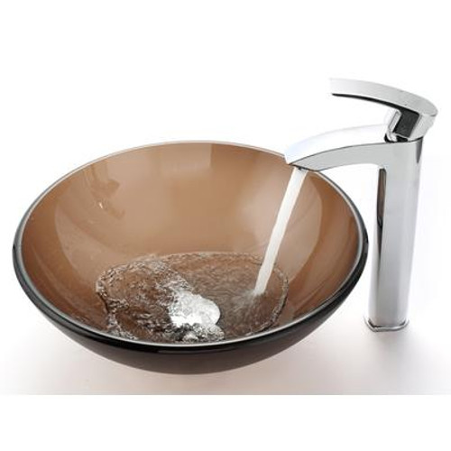 Frosted Brown Glass Vessel Sink and Visio Faucet Chrome