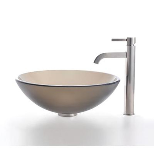 Frosted Brown Glass Vessel Sink and Ramus Faucet Satin Nickel