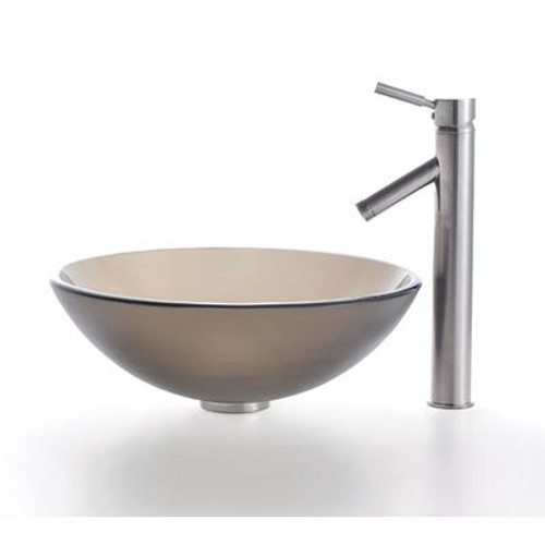 Frosted Brown Glass Vessel Sink and Sheven Faucet Satin Nickel