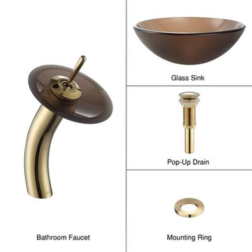 Frosted Brown Glass Vessel Sink and Waterfall Faucet Gold