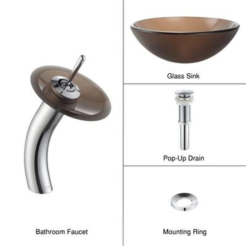 Frosted Brown Glass Vessel Sink and Waterfall Faucet Chrome