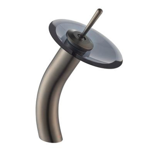 Single Lever Vessel Glass Waterfall Faucet Oil Rubbed Bronze with Black Clear Glass Disk and Matching Pop Up Drain