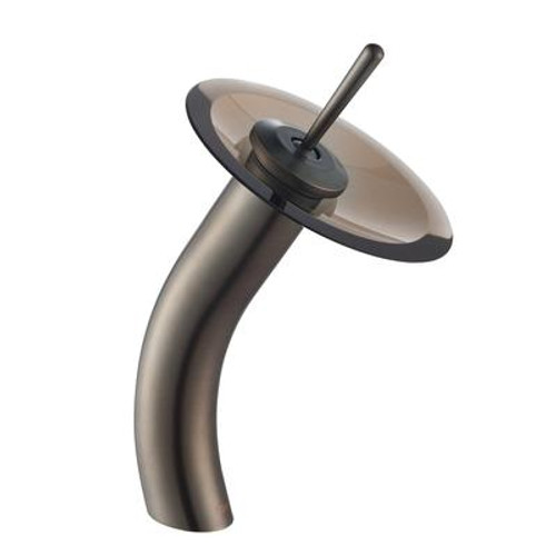 Single Lever Vessel Glass Waterfall Faucet Oil Rubbed Bronze with Brown Clear Glass Disk and Matching Pop Up Drain