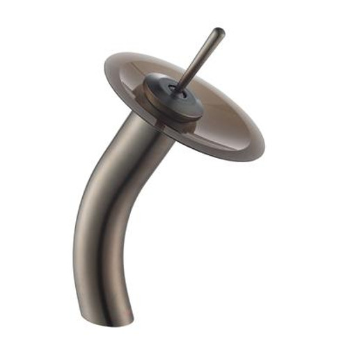 Single Lever Vessel Glass Waterfall Faucet Oil Rubbed Bronze with Brown Frosted Glass Disk and Matching Pop Up Drain