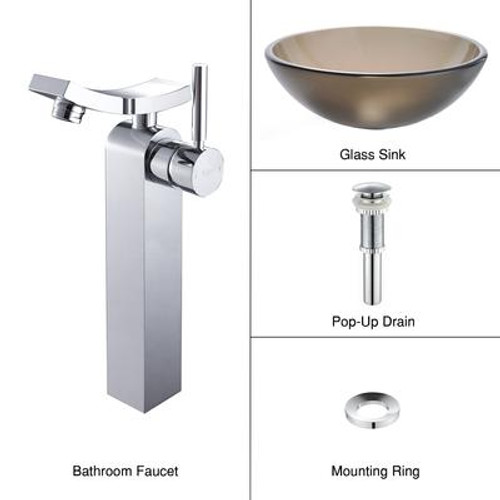 Frosted Brown Glass Vessel Sink and Unicus Faucet Chrome