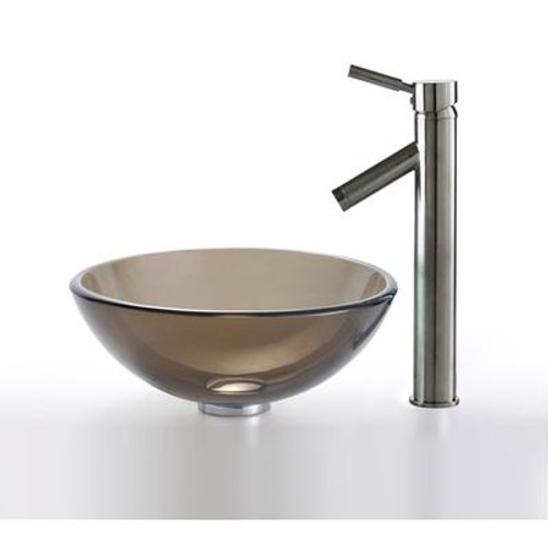 Clear Brown 14 inch Glass Vessel Sink and Sheven Faucet Satin Nickel