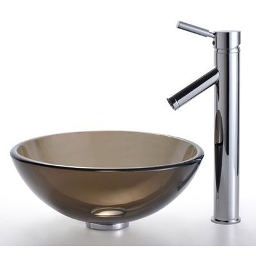 Clear Brown 14 inch Glass Vessel Sink and Sheven Faucet Chrome
