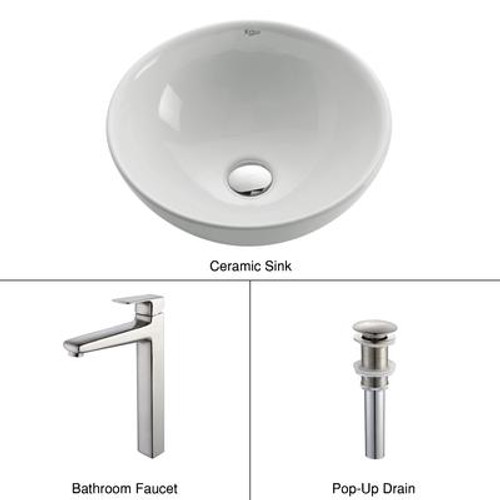 White Round Ceramic Sink and Virtus Faucet Brushed Nickel