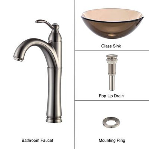 Clear Brown 14 inch Glass Vessel Sink and Riviera Faucet Satin Nickel