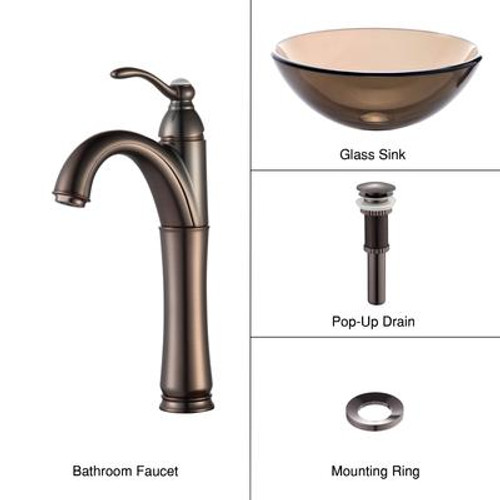 Clear Brown 14 inch Glass Vessel Sink and Riviera Faucet Oil Rubbed Bronze