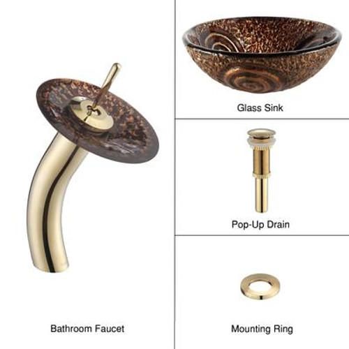 Luna Glass Vessel Sink and Waterfall Faucet Gold