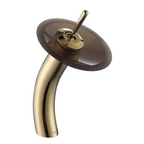 Single Lever Vessel Glass Waterfall Faucet Gold with Brown Frosted Glass Disk and Matching Pop Up Drain