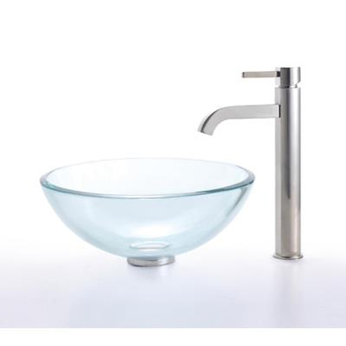 Clear 14 inch Glass Vessel Sink and Ramus Faucet Satin Nickel